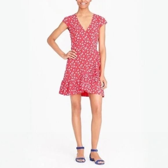 J. Crew Dresses & Skirts - J.Crew Floral Faux Wrap Short Sleeve Ruffle Mini Dress Red White 8